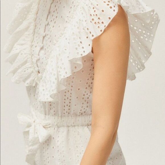 Urban Outfitters White Magnolia Floral Eyelet Ruffle Straight Cropped Jumpsuit M - Picture 4 of 10